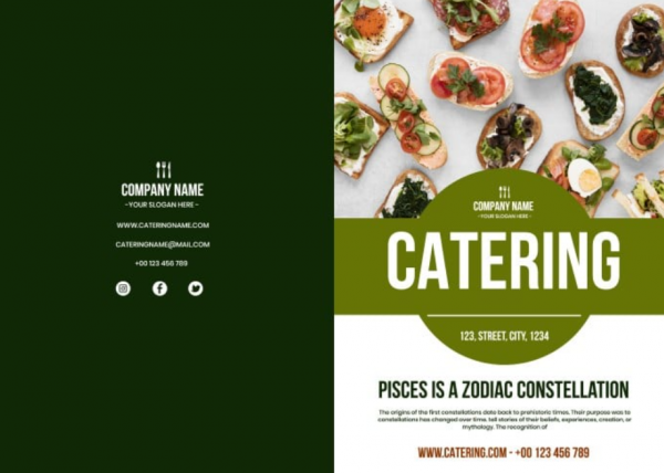 Desain brosur katering dengan gambar hidangan berwarna-warni